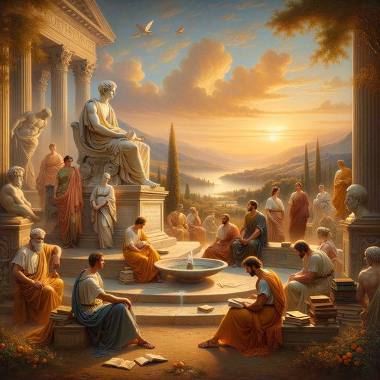 Serene Roman landscape with philosophers and a stoic statue under a calming sky, inspired by 1960s historical films.