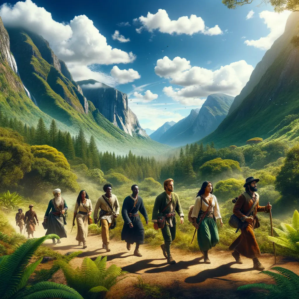 Hikers in eco-friendly apparel trekking through a serene wilderness landscape, reflecting harmony with nature and adventure, inspired by 1960s historical films.