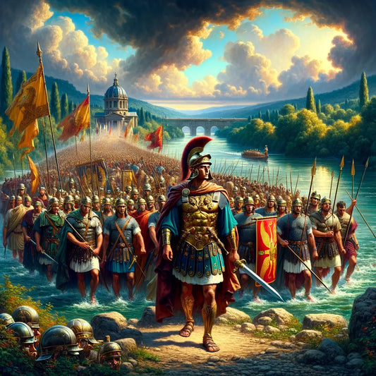 Julius Caesar leading his legions across the Rhone River, preparing for conflict with Gallic tribes.