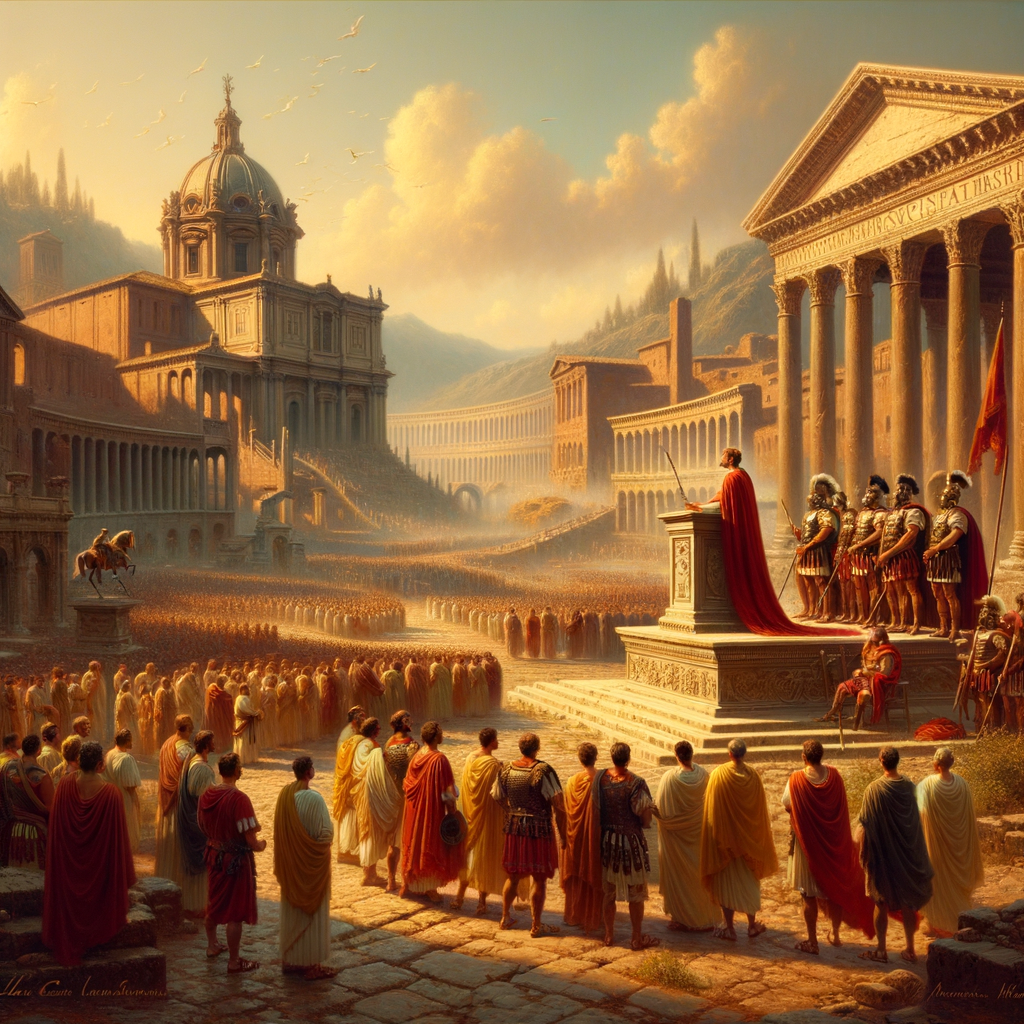 A majestic Roman general addressing legionaries in the Roman forum, with grand architecture and distant hills, styled like a 1960s historical epic.