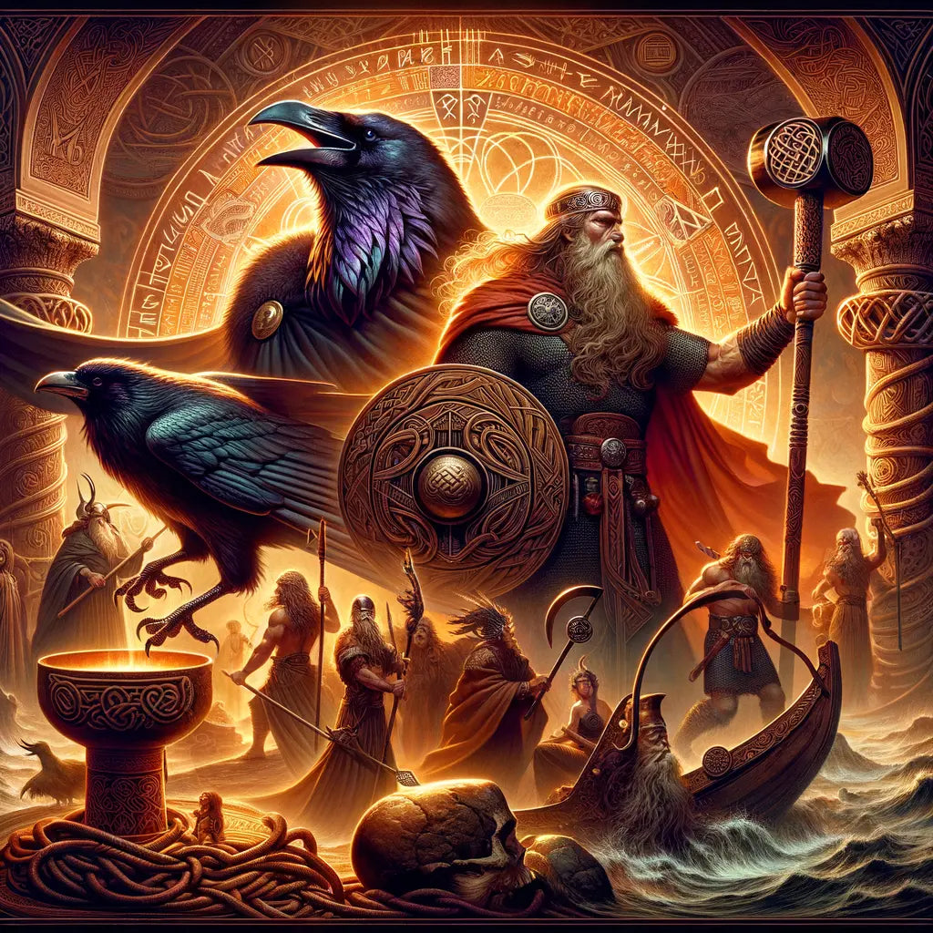 Depiction of Odin and Dagda in a mythical setting, surrounded by symbols and ancient runes, inspired by classic epic films.