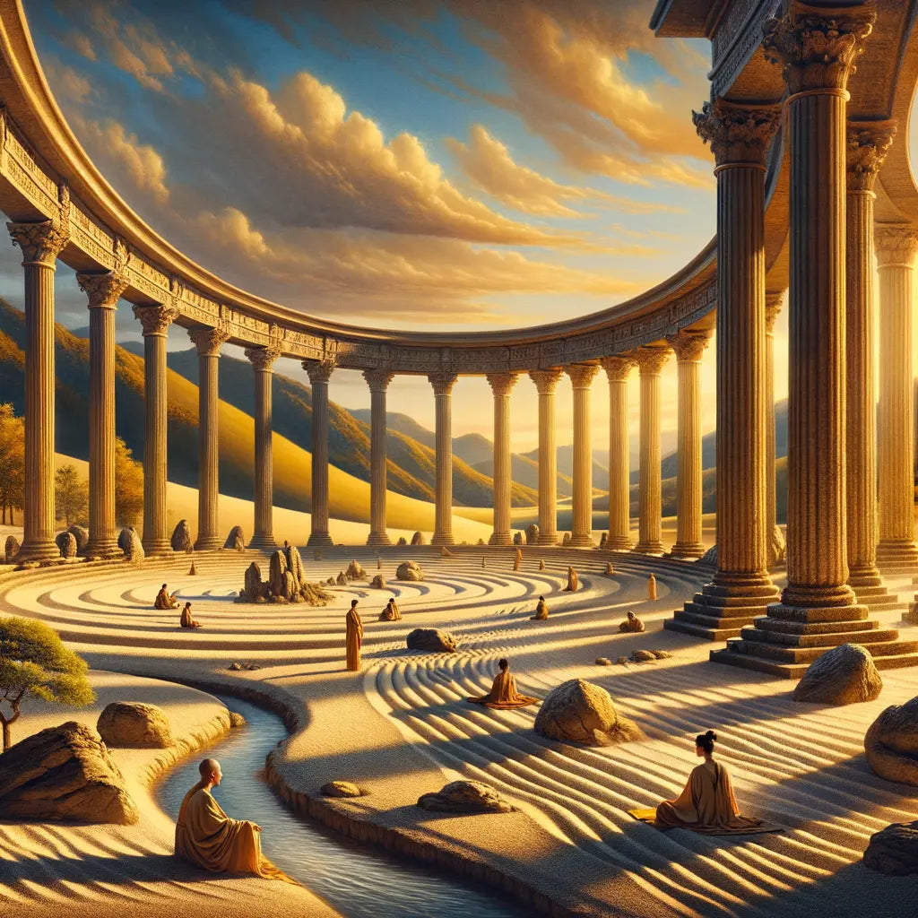 Combination of serene Eastern zen garden and ancient Greek stone structures, symbolizing Zen Buddhism and Stoicism in a cinematic 1960s epic style.