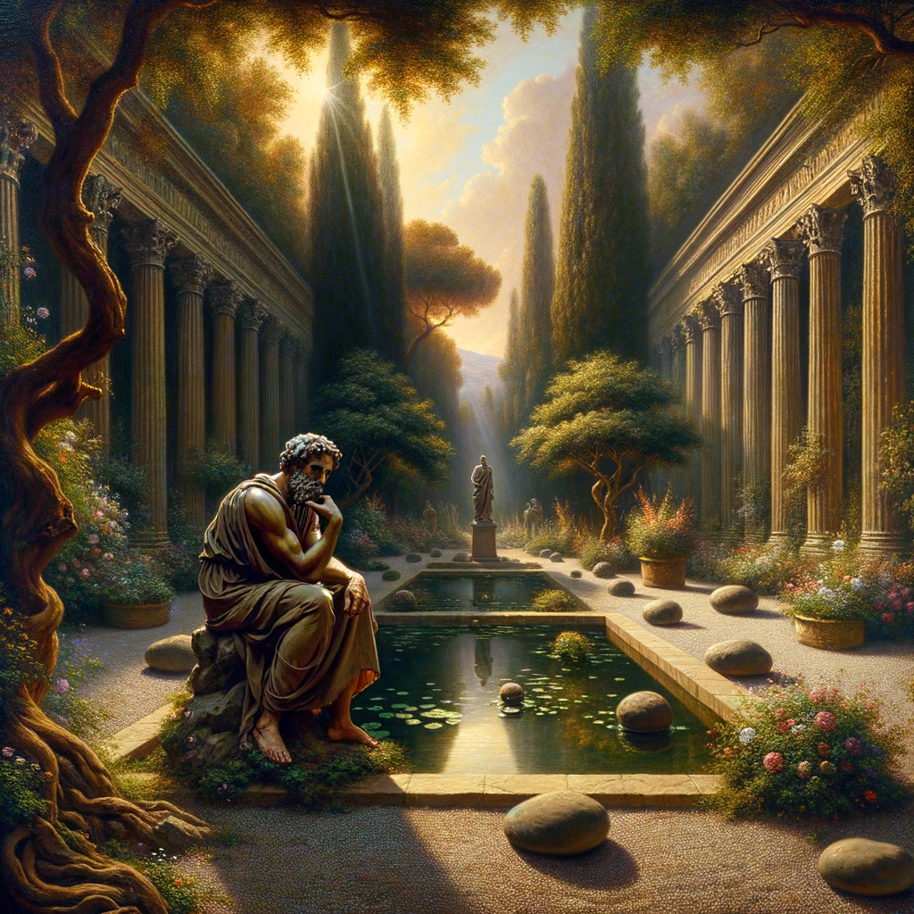 Marcus Aurelius reflecting in a serene garden within Rome, evoking tranquility and mindfulness, styled like a 1960s historical film painting.