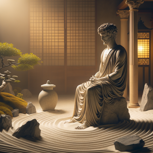 A meditative figure in flowing robes sits in a tranquil Zen garden, symbolizing the philosophical blend of Stoicism and Zen Buddhism, inspired by serene cinematic artistry.