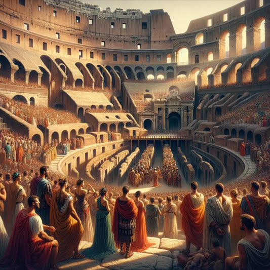 The bustling interior of the ancient Roman Colosseum, filled with excited spectators and rich architectural details, styled like a 1960s historical film.