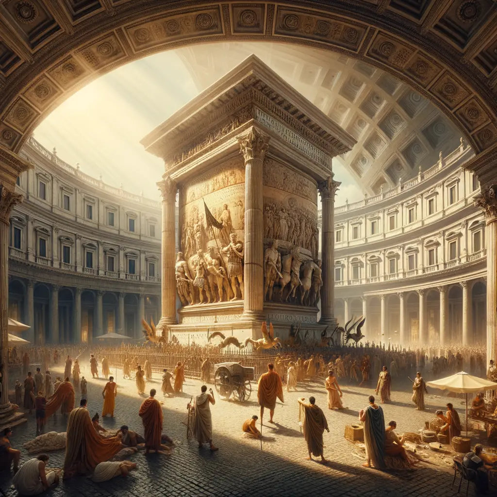 The Column of Marcus Aurelius in Rome's Piazza Colonna, surrounded by Roman citizens and soldiers in a cinematic style, inspired by 1960s historical epics.