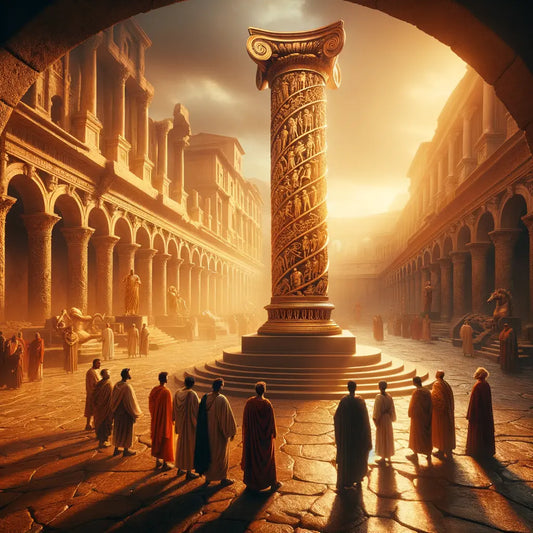 The Column of Marcus Aurelius with intricate carvings of Roman victories, surrounded by Roman figures in a historical epic style.
