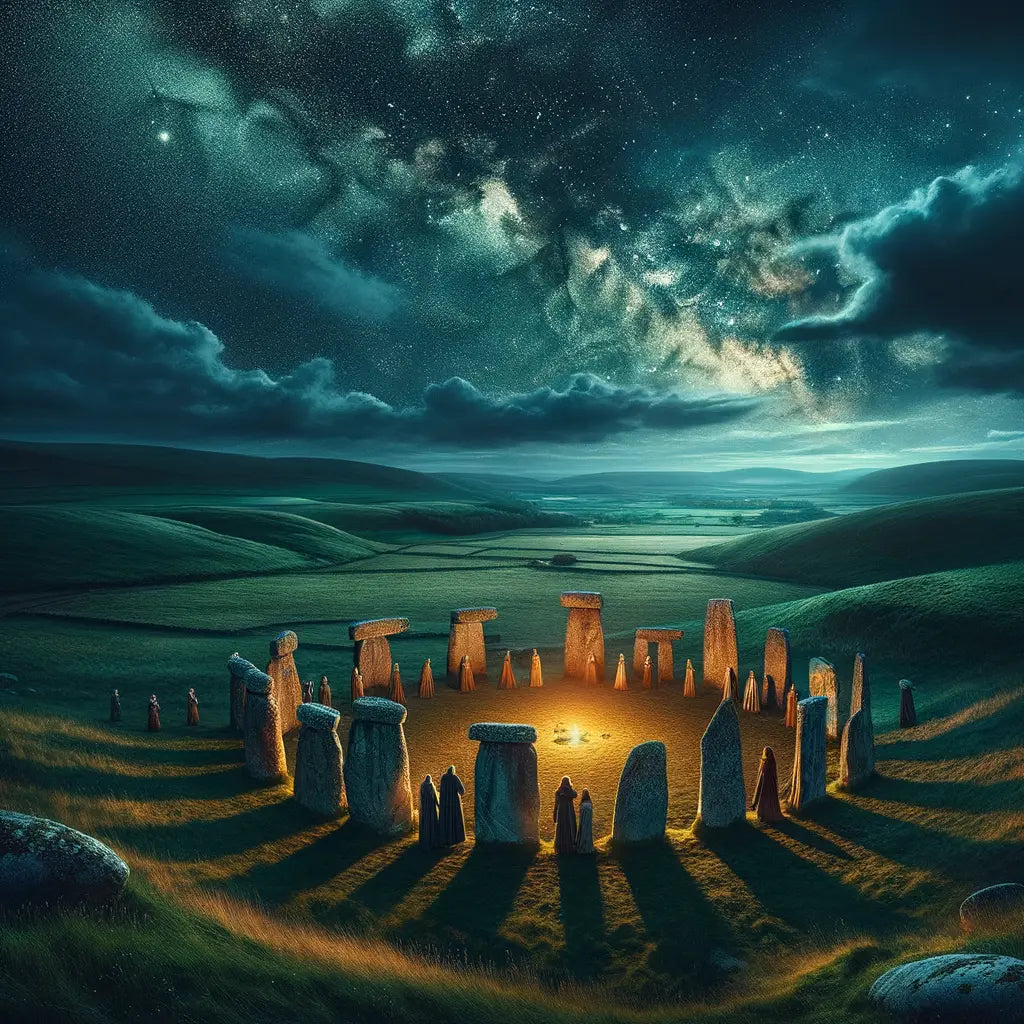 Ancient stone circle beneath a starry sky with figures evoking Celtic mythology, styled like a classic historical film.
