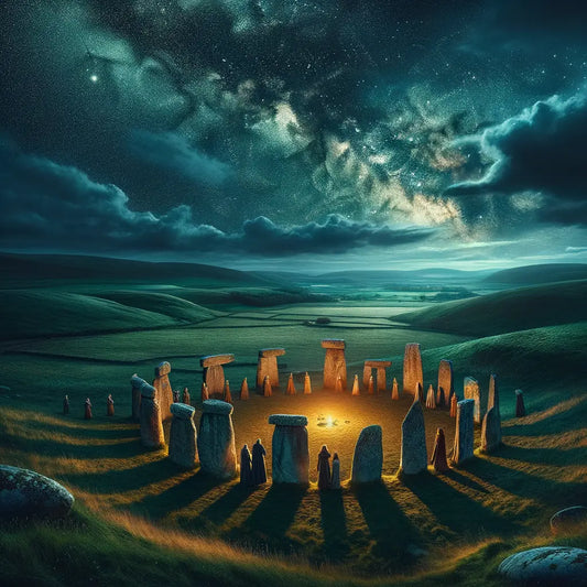 Ancient stone circle beneath a starry sky with figures evoking Celtic mythology, styled like a classic historical film.
