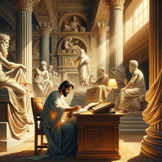 A modern author writing at a desk, surrounded by ancient Stoic philosophers like Marcus Aurelius, blending ancient and modern elements, reminiscent of 1960s historical epics.