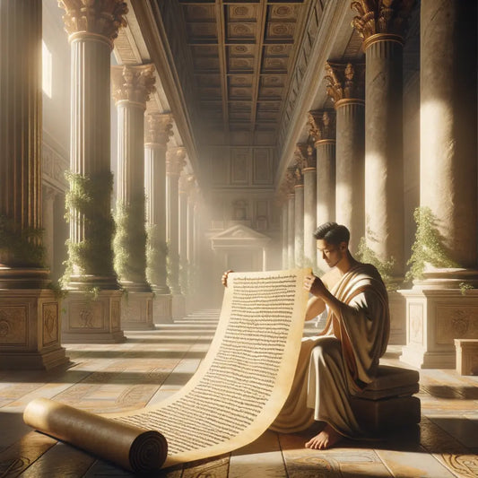 A Roman philosopher in a serene setting with an ancient scroll, inspired by 1960s historical film style.