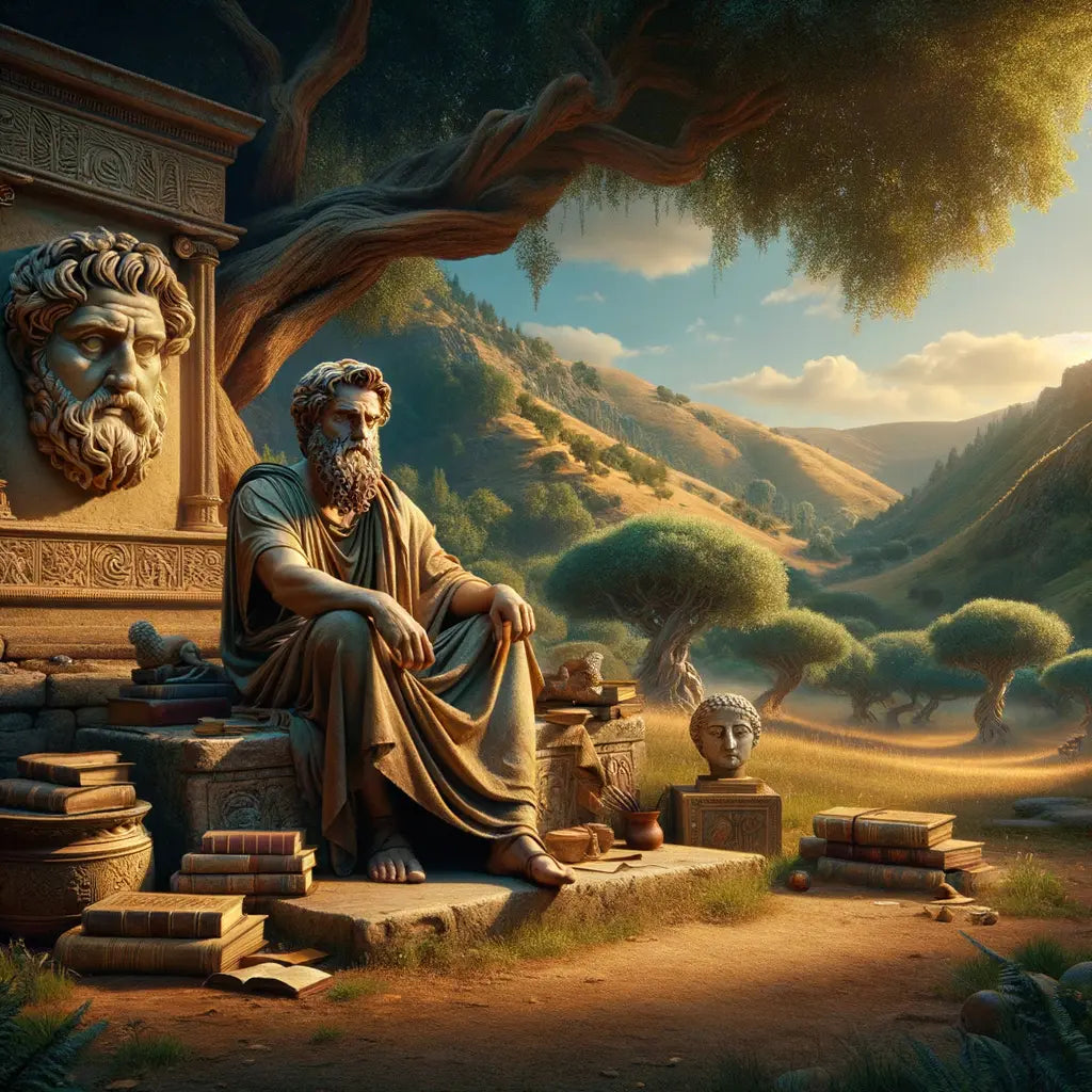 Roman philosopher meditating with ancient books, surrounded by busts of Marcus Aurelius and Epictetus, set in a quiet natural landscape.