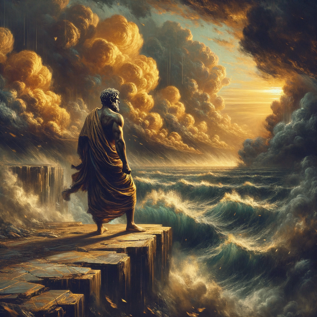 A stoic philosopher in a Roman toga stands calm at the edge of a stormy cliff, symbolizing inner peace amidst chaos, inspired by 1960s historical epic films.