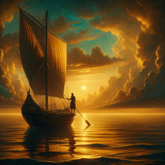A lone Roman sailor adjusting sails on a calm sea, symbolizing resilience, painted in the style of 1960s historical epics.