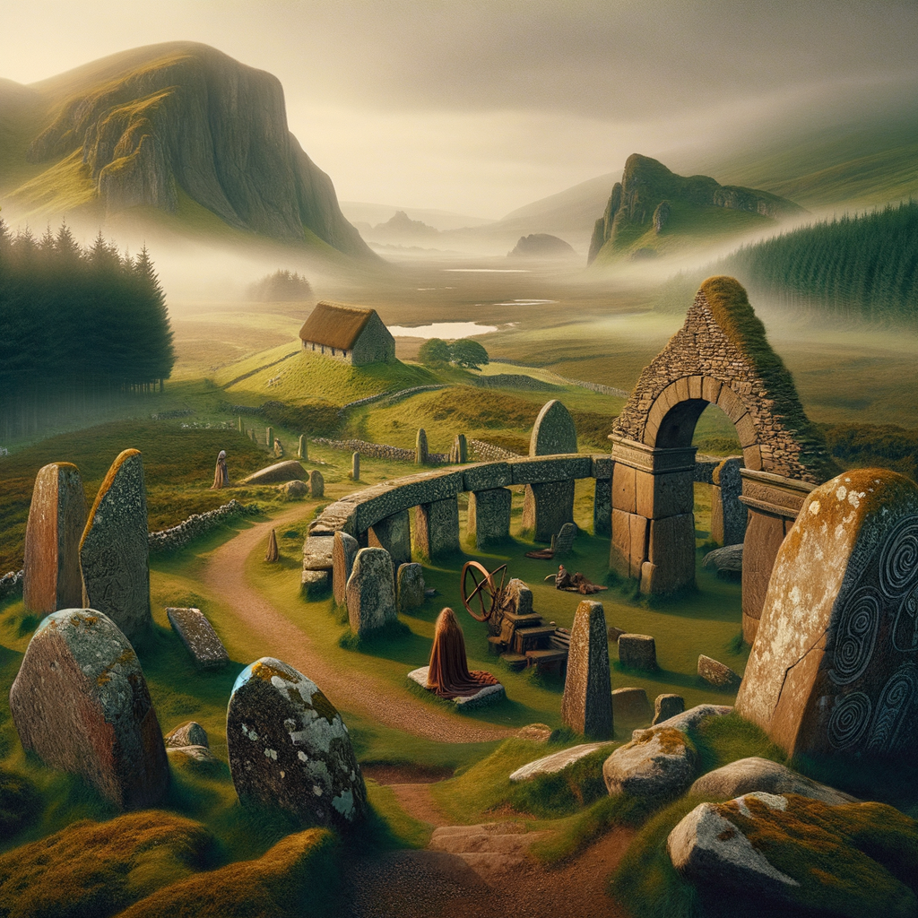 A mystical Celtic landscape with ancient ruins and a bard playing a harp, enveloped in mist and serene greenery, styled like 1960s historical epics.