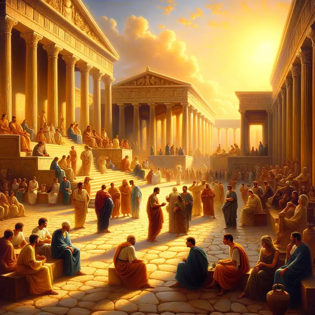 Philosophers in an ancient Greek marketplace animatedly discussing ideas under the Mediterranean sun, in a style reminiscent of classic 1960s historical films.