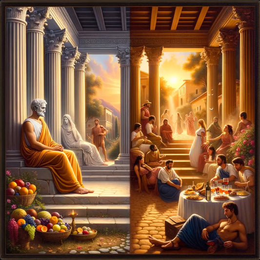 Dual scene painting depicting serene Stoicism with a philosopher on one side and vibrant Libertinism with a Roman feast on the other, in the style of 1960s historical epics.