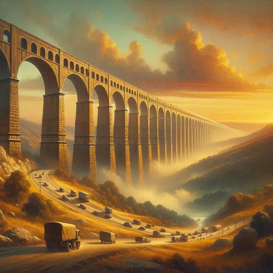 A modern viaduct with vehicles juxtaposed against an ancient Roman aqueduct under a sunset sky, symbolizing time's passage.