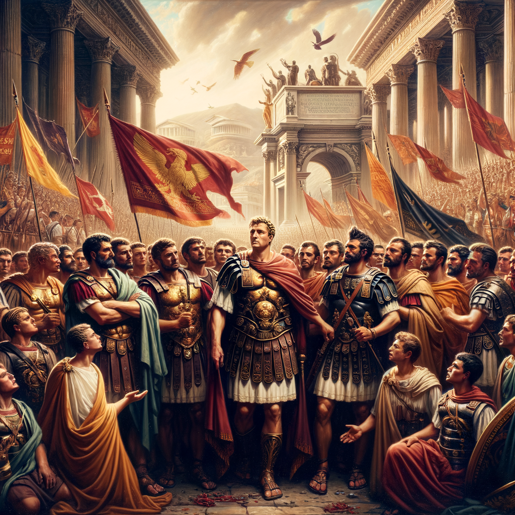 A vibrant scene showcasing Julius Caesar in a chariot, celebrating his victory with an elaborate procession through the streets of Rome.