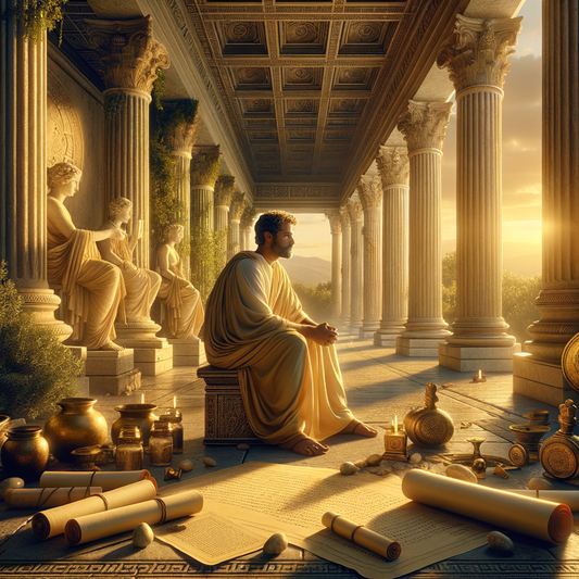 A Greek philosopher in deep thought, surrounded by scrolls and symbols of Stoicism, depicted in the style of classic 1960s historical films.