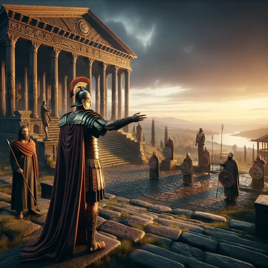 A heroic Roman figure overlooks a blend of Roman and Viking landscapes, with distinct cultural architectural elements, painting a tapestry of merged empires, with a cinematic 1960s film inspired atmosphere.