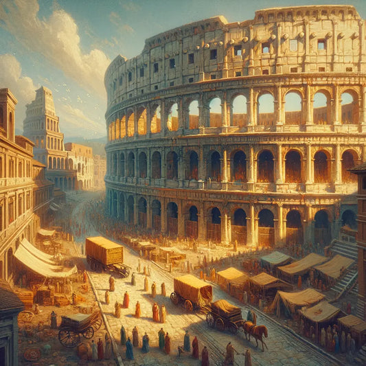 Panoramic view of the Colosseum in Rome with ancient city life, inspired by 1960s historical epic style.
