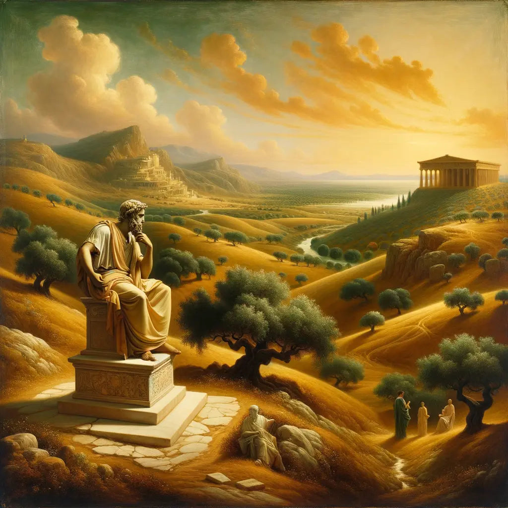 Stoic philosopher in a serene ancient Greek landscape, with symbols of wisdom and resilience, painted in a 1960s historical film style.