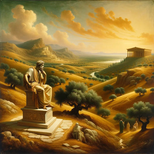 Stoic philosopher in a serene ancient Greek landscape, with symbols of wisdom and resilience, painted in a 1960s historical film style.