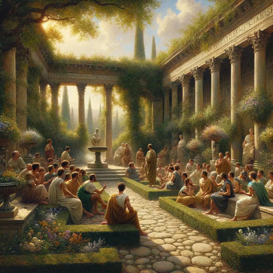 A Roman garden scene with people in togas discussing under a sunlit sky, inspired by 1960s historical epic films.