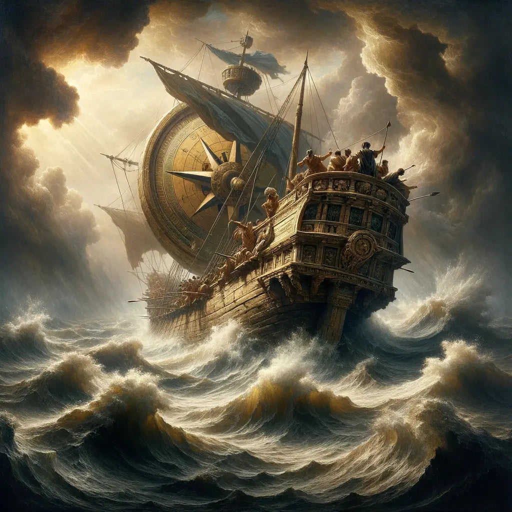 A Roman ship with an intricate compass on its deck navigating a stormy sea, symbolizing Stoic wisdom, in a classic 1960s epic film style.