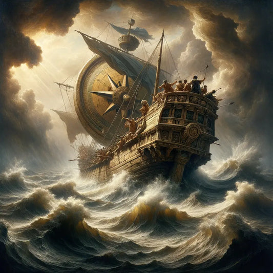 A Roman ship with an intricate compass on its deck navigating a stormy sea, symbolizing Stoic wisdom, in a classic 1960s epic film style.