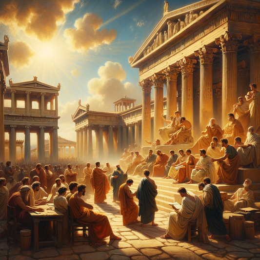 Philosophers in heated discussion in the ancient Athenian marketplace, surrounded by classical Greek architecture, in the style of 1960s historical films.
