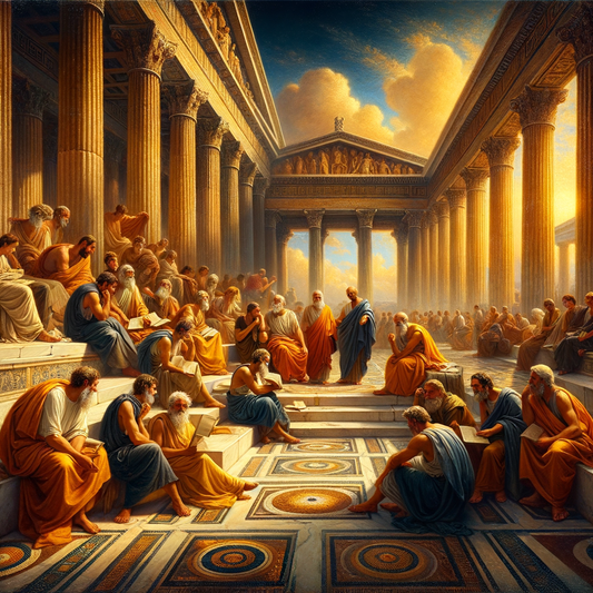 Stoic philosophers in discussion in a Greek agora, surrounded by ancient architecture and warm sunlight, styled after 1960s historical films.