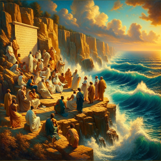 Ancient Greek philosophers in togas discuss insights atop a cliff, with the ocean stretching below, painted in 1960s historical epic style.