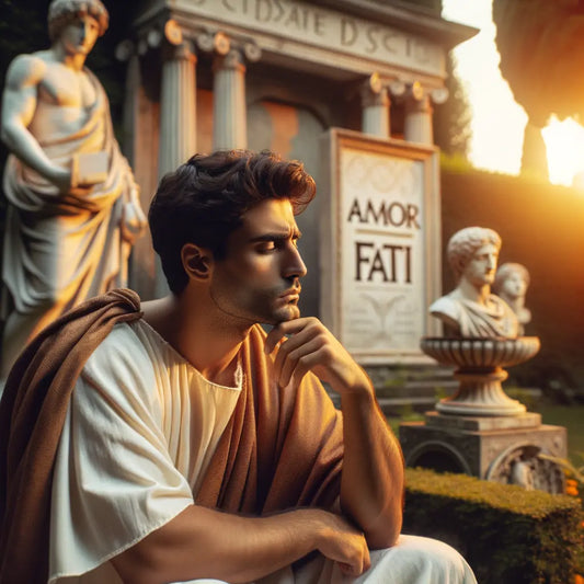 A depiction of a Roman philosopher reflecting on fate in a serene garden setting.