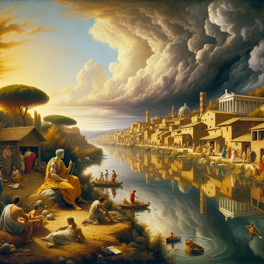 A Roman philosopher stands by the Tiber River amidst a calm village examining an approaching storm, mixing tranquility with impending chaos, inspired by 1960s historical film styles.