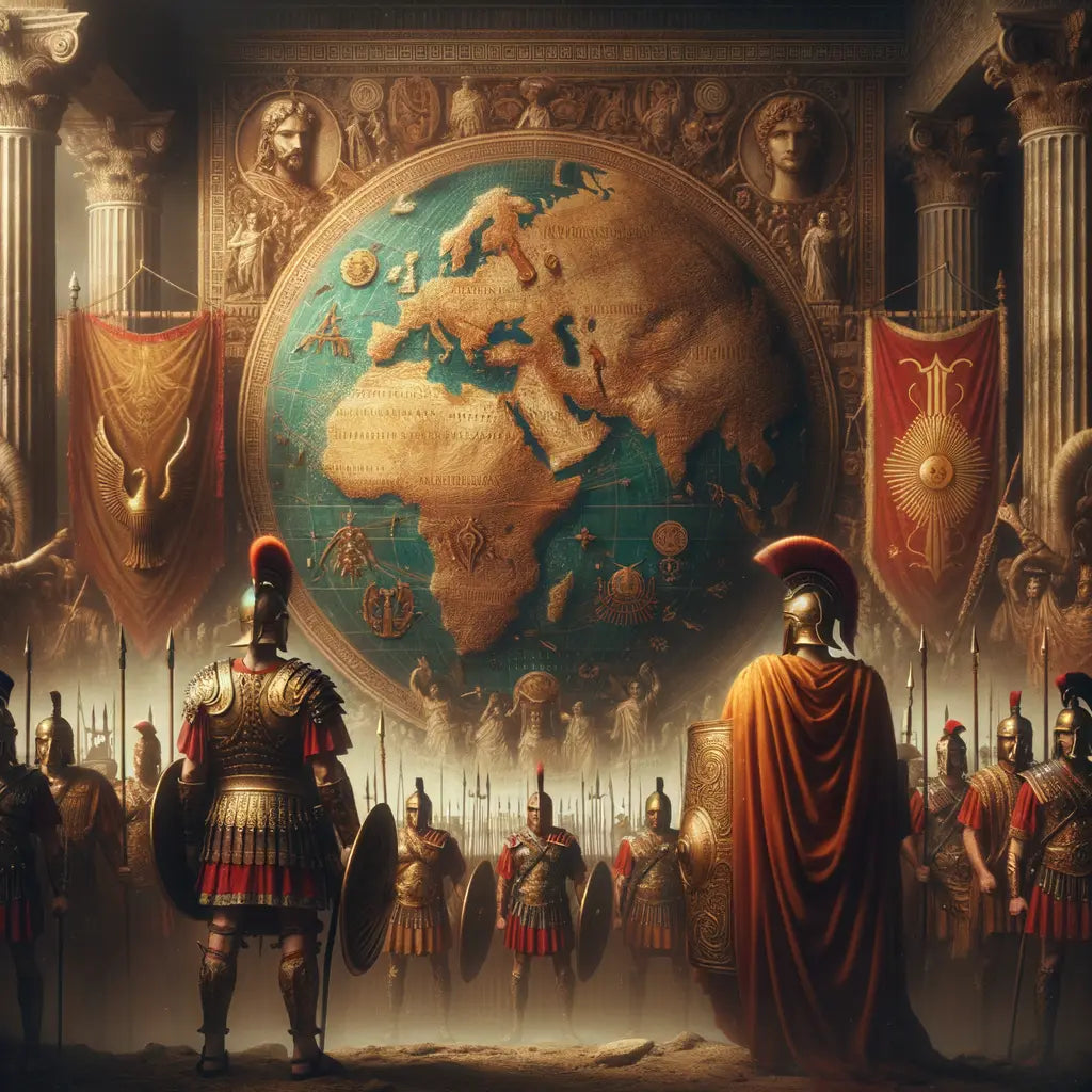 Illustration of an ancient map depicting the conquests of Alexander the Great and the Roman Empire, emphasizing their cultural and military influence, in the style of 1960s historical films.