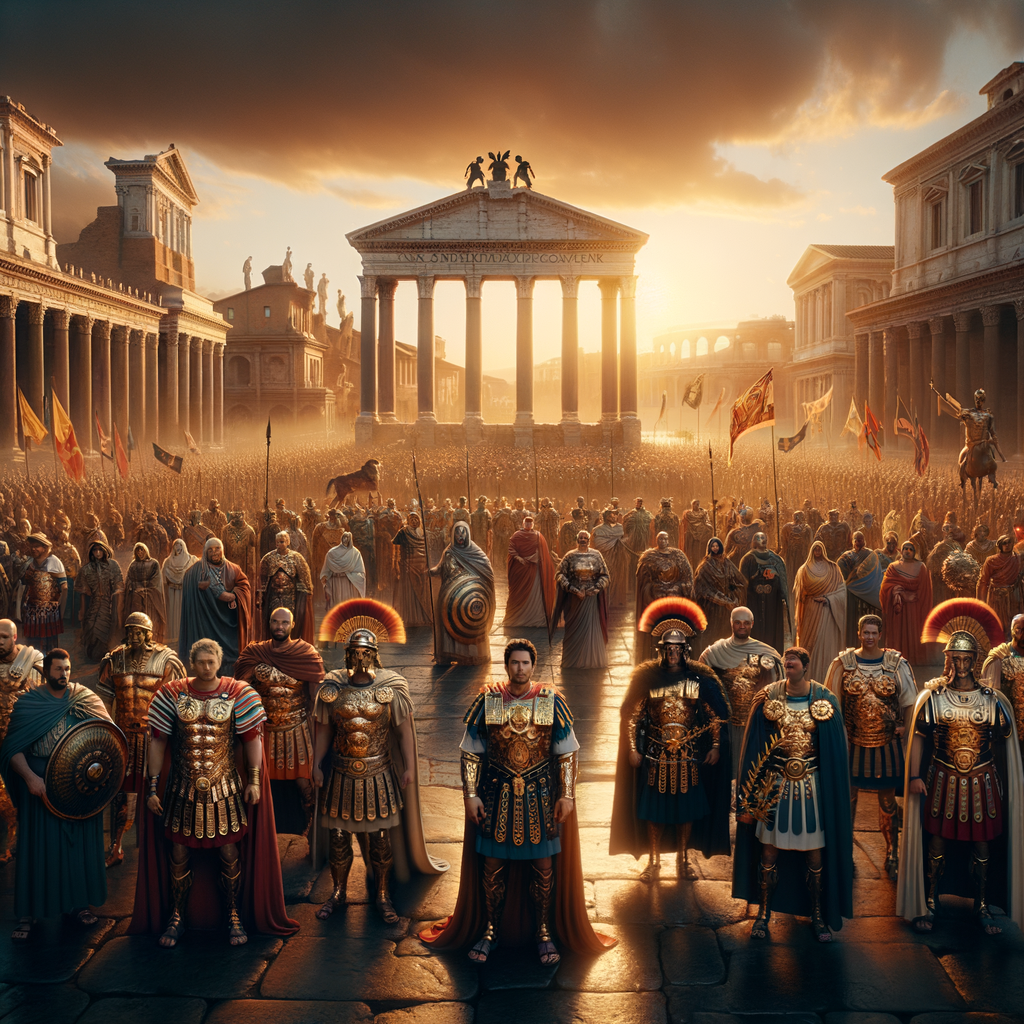 A Roman victory parade showcasing soldiers, triumphal arches, and a vibrant evening sky