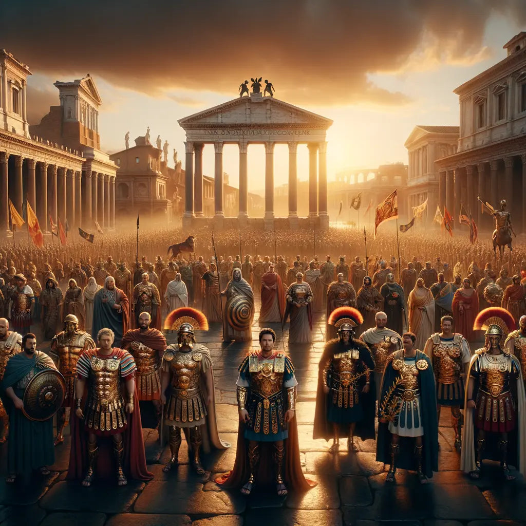 A Roman victory parade showcasing soldiers, triumphal arches, and a vibrant evening sky