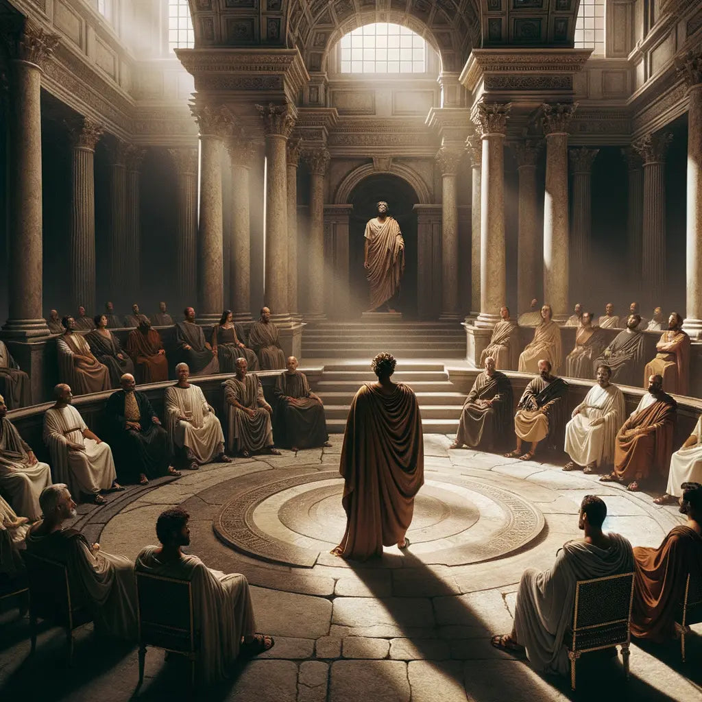 Julius Caesar addressing the Roman Senate, surrounded by Senators in togas, capturing the dramatic tension of his impending assassination, in a style reminiscent of 1960s historical epics.