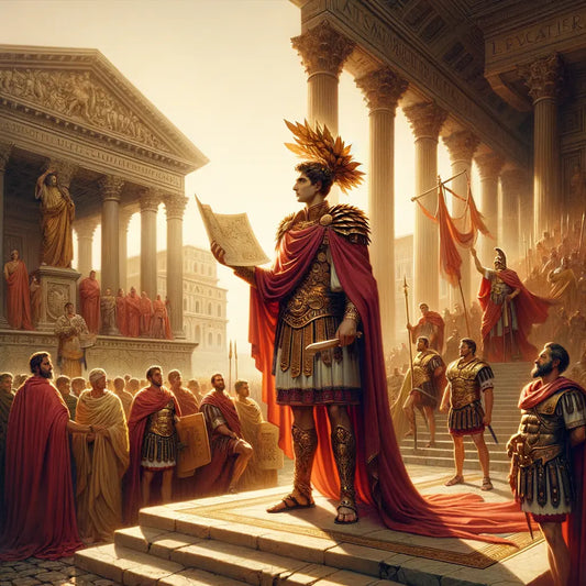 Julius Caesar standing heroically with military maps and political documents, set against a backdrop of the Roman Empire with soldiers and senators, in a style reminiscent of 1960s historical epic films.