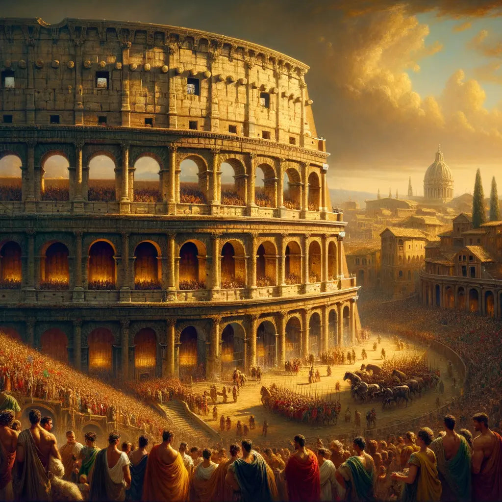 A majestic view of the Colosseum surrounded by an eager Roman crowd, evoking the lively atmosphere of gladiator games, styled after 1960s historical epics.