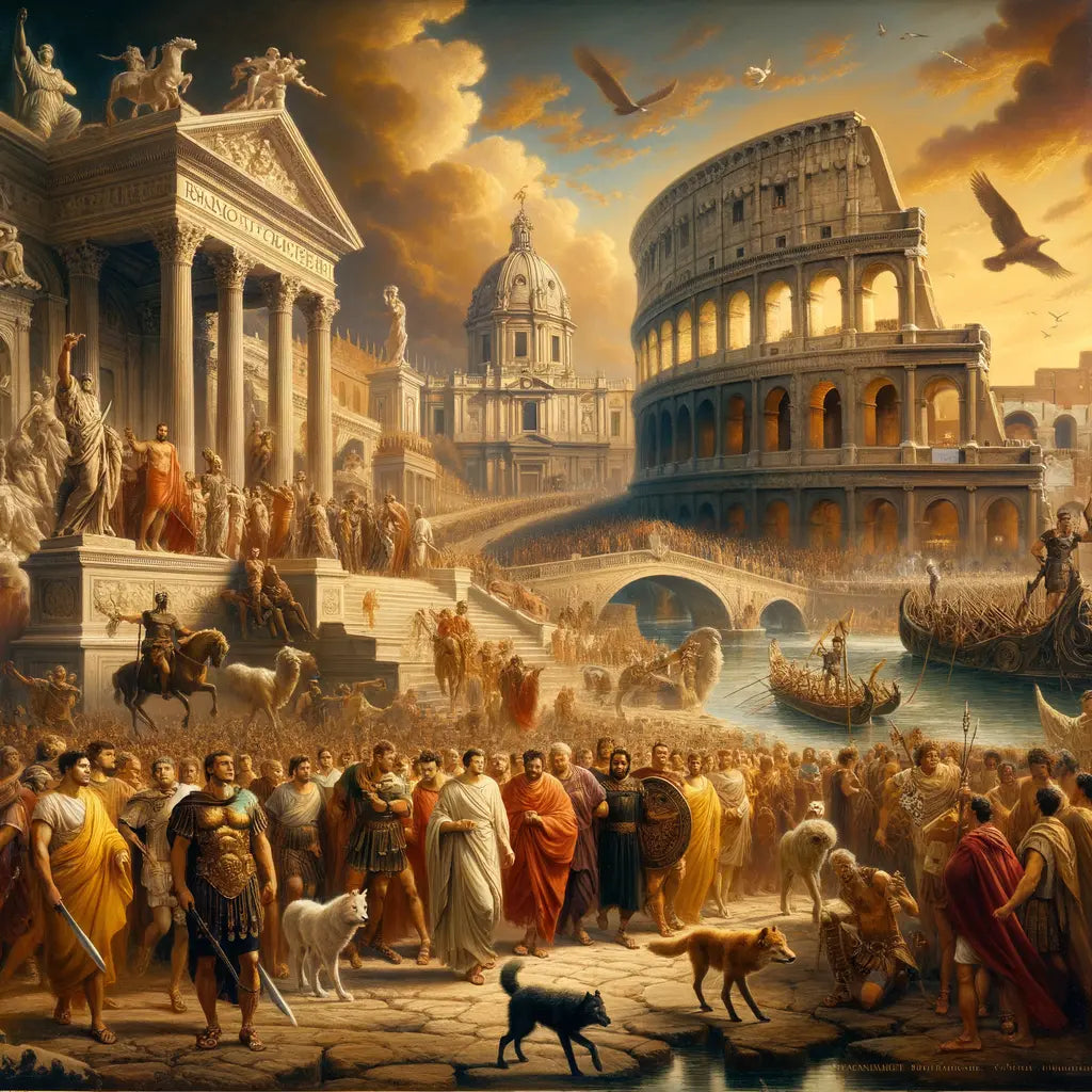 Romulus and Remus with mythical she-wolf, transitioning to scenes of Roman Republic and Empire with Colosseum in background, in a 1960s epic film style.