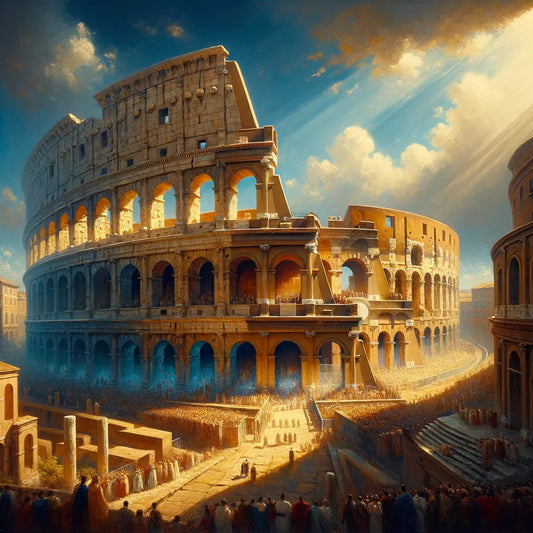 Roman Colosseum under a blue sky, showcasing its grandeur, inspired by 1960s historical films.