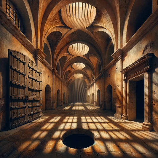 Ancient Roman prison corridor with a mysterious hole in the floor, atmospheric lighting highlights historic architecture in a style reminiscent of 1960s historical films.