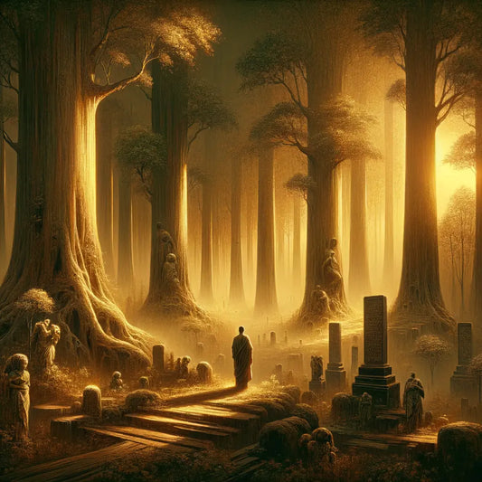 Roman philosopher in ancient forest with towering trees, capturing a contemplative mood inspired by the essence of Memento Mori.