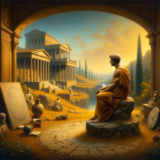 Marcus Aurelius in a serene Roman garden, deep in thought surrounded by symbols of Stoic philosophy, styled like a 1960s historical film epic.
