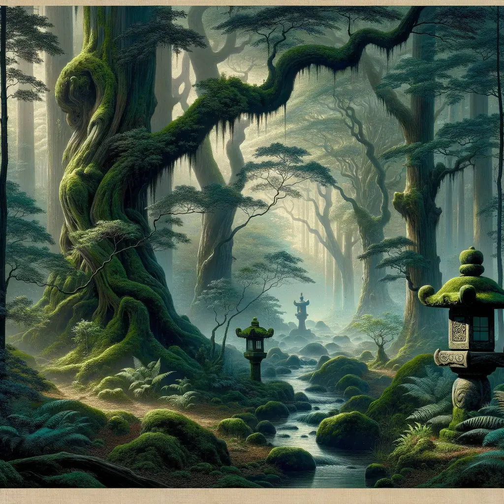 Eine ruhige, minimalistische Waldszene mit alten Bäumen und sanften Waldgeistern, die eine mystische Atmosphäre schaffen, inspiriert von traditioneller japanischer Kunst.