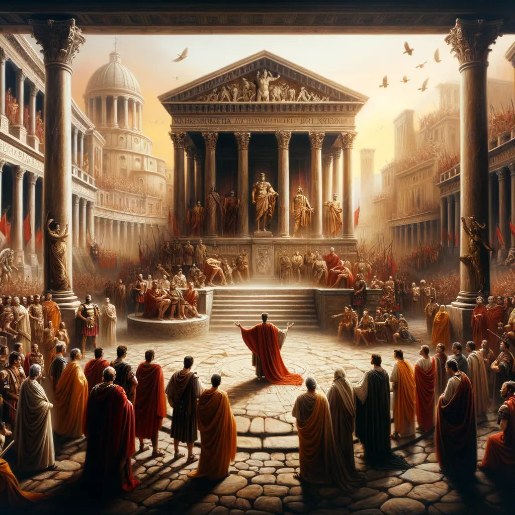 Julius Caesar addressing citizens in the Roman Forum, surrounded by senators and soldiers, capturing the political tension in a classical 1960s film style.