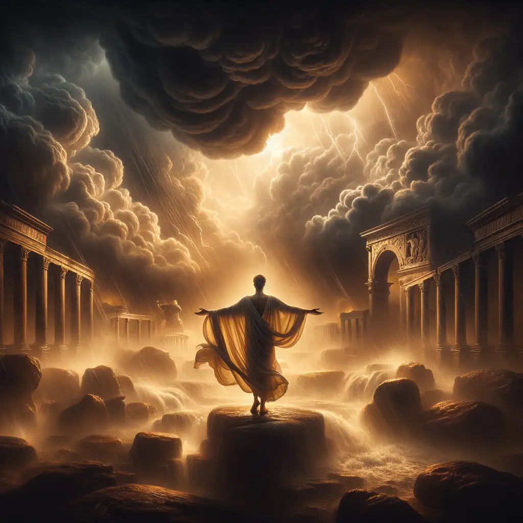 A Roman figure in a toga stands serenely amid a tempest, with ancient architecture in the background, in a style inspired by 1960s historical films.